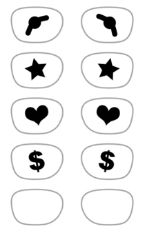 Here's a look at the different 3D glasses template I've created in the PDF file you can download.  Included in the design is Kermit the Frog,  stars,  hearts,  and dollar signs.