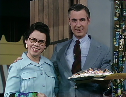 A photo of Joanne and Fred Rogers from the set of Mister Rogersâ€™ Neighborhood