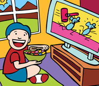 While the sun is shining outside,   a child is eating vibrant colored cereal while watching a cartoon on TV.