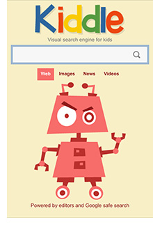 Photo of the Kiddle search page on a mobile device.  Notice it says 'powered by editors and Google search'