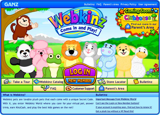 Screen capture of the Webkinz sign in page from April 2007.