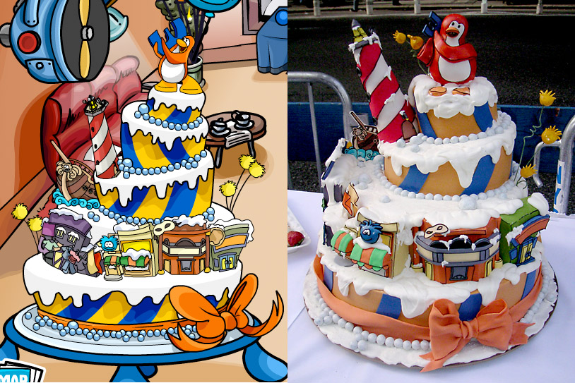 Club Penguin anniversary cake, celebrating their 3rd anniversary - online and offline cake comparison