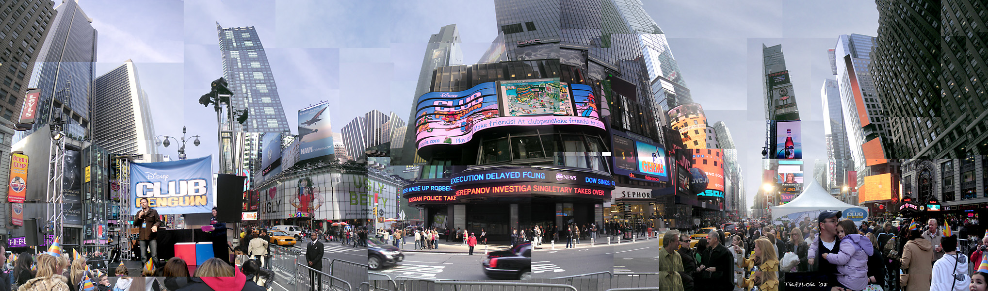 Panorama photo of Club Penguin celebrating their 3rd anniversary in the middle of Times Square