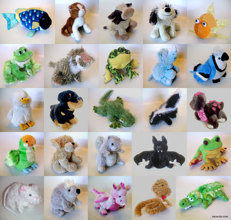 Many Webkinz pets as part of one child's collection.